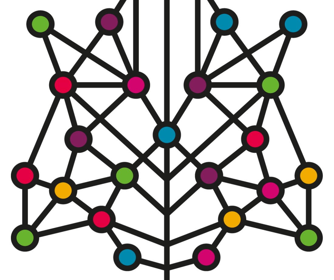 Illustration of a stylized network graph with nodes connected by lines. Nodes are depicted as circles filled with various solid colors like red, green, blue, purple, and yellow.