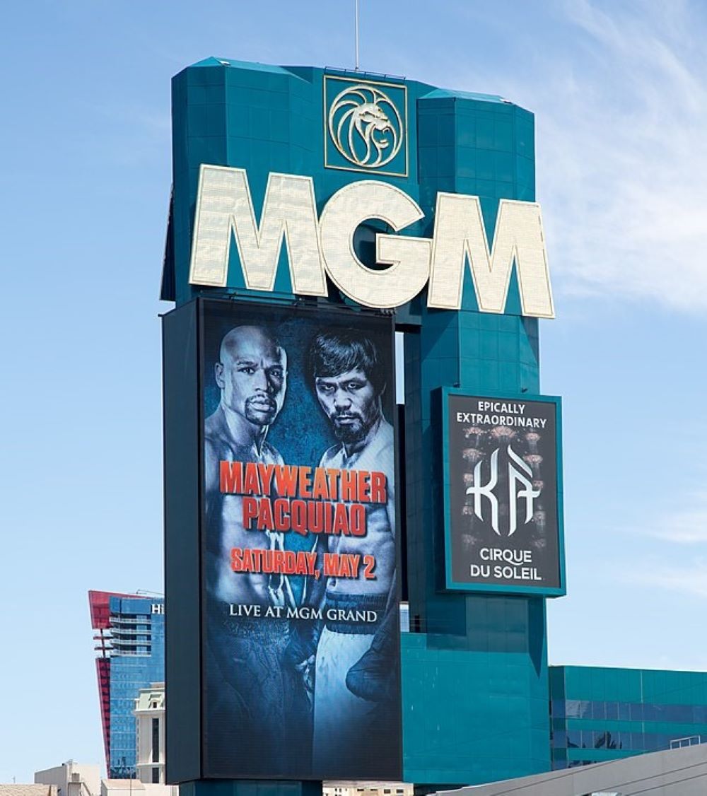 Giant electronic image billboard of Mayweather and Pacquiao